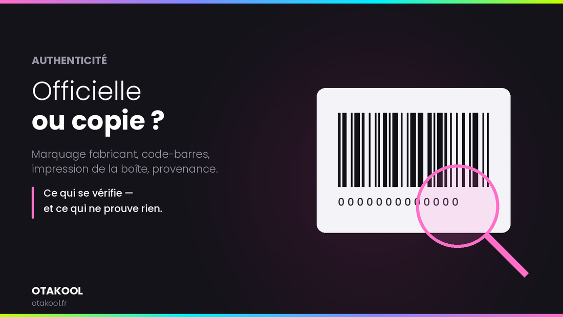 Code-barres d'une boîte de figurine examiné à la loupe
